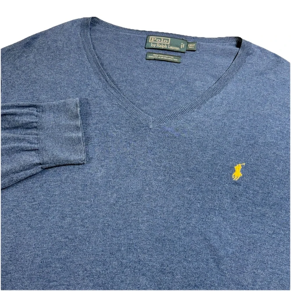 Polo Ralph Lauren Sweater Mens 2XLT Blue V-Neck Pima Cotton Pullover Knit Pony